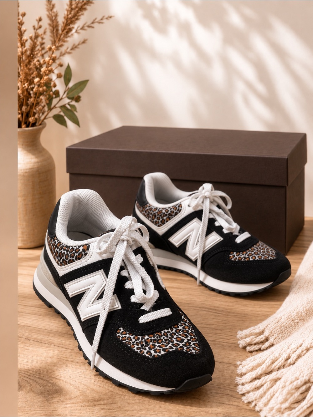 New Balance Women's Black Leopard Accent 574-Style Casual Sneakers size 8